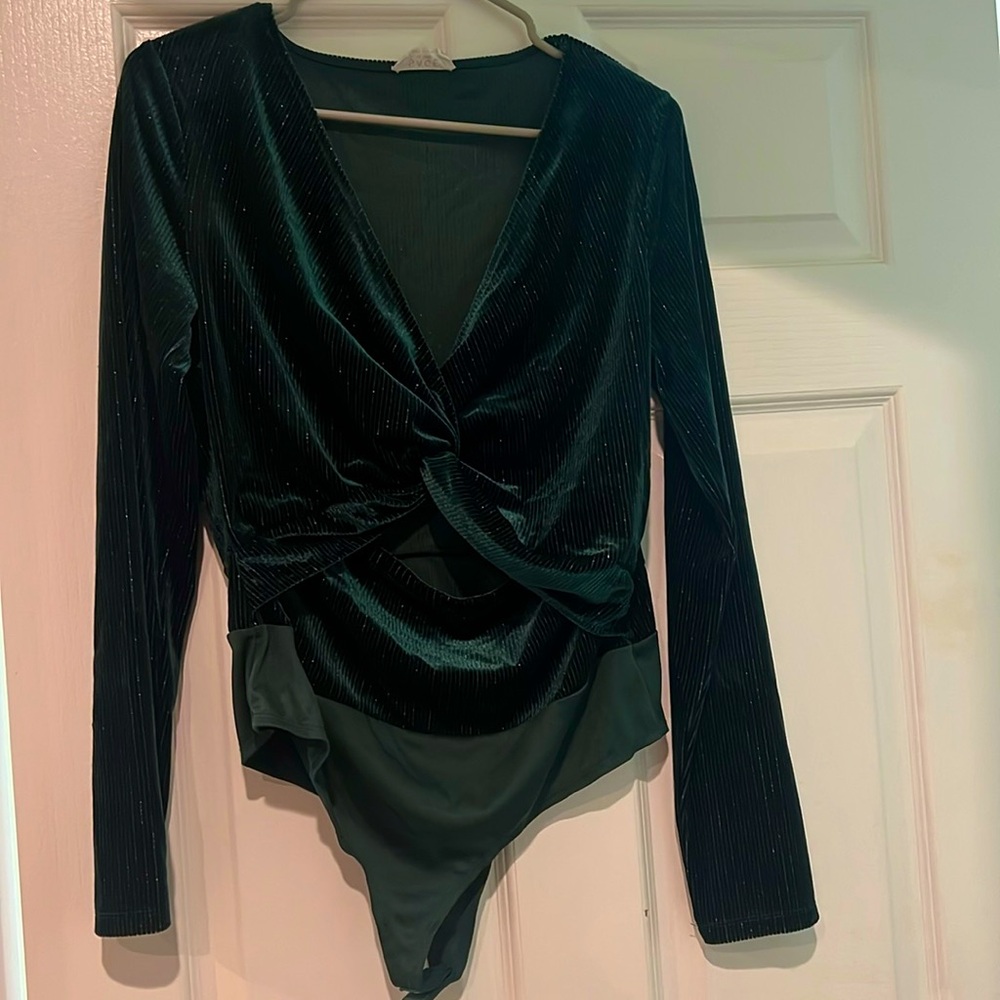 Large dark green body suit from sage.There is a cross knot in the middle part